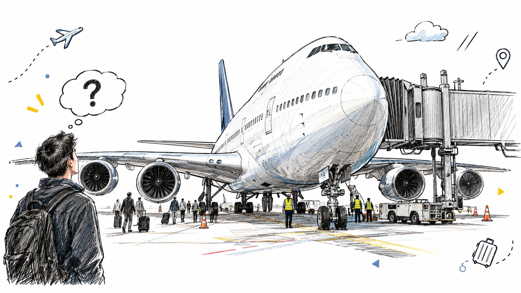 A sketched illustration of a passenger at an airport looking at a large four-engine jet aircraft.