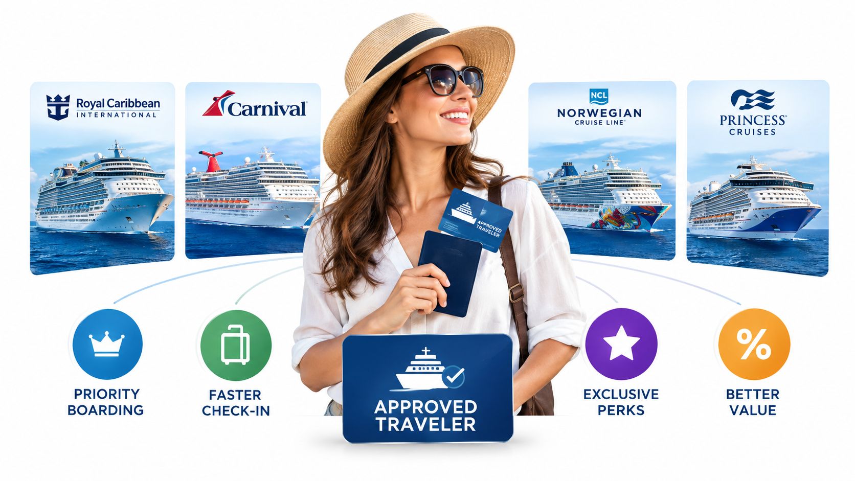 A woman holding a passport and travel document surrounded by logos of major cruise lines.