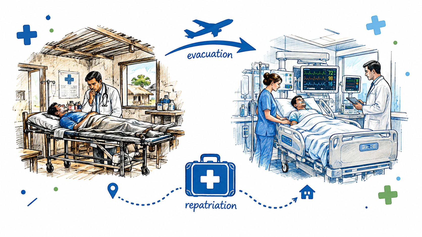 A split illustration showing medical evacuation of a patient to a hospital and their later medical repatriation.