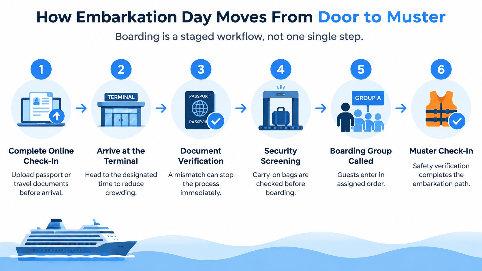 A six-step infographic illustrating the cruise ship embarkation process from online check-in to muster station verification.