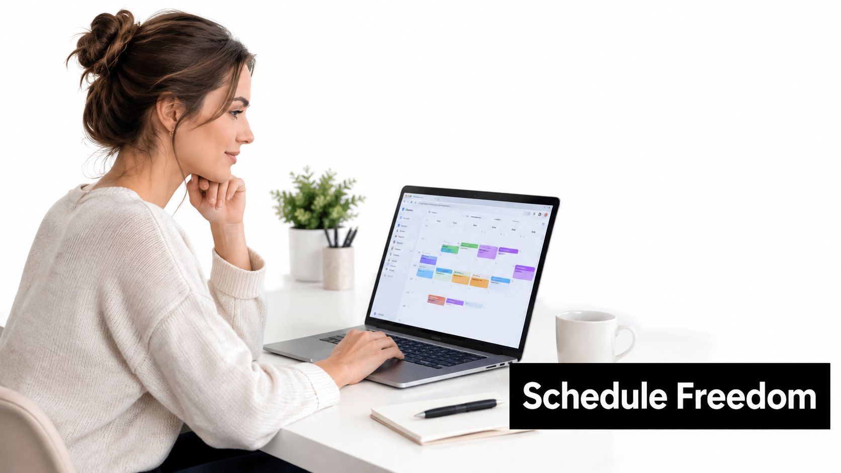 A woman sitting at a white desk working on her laptop, viewing a digital calendar schedule.