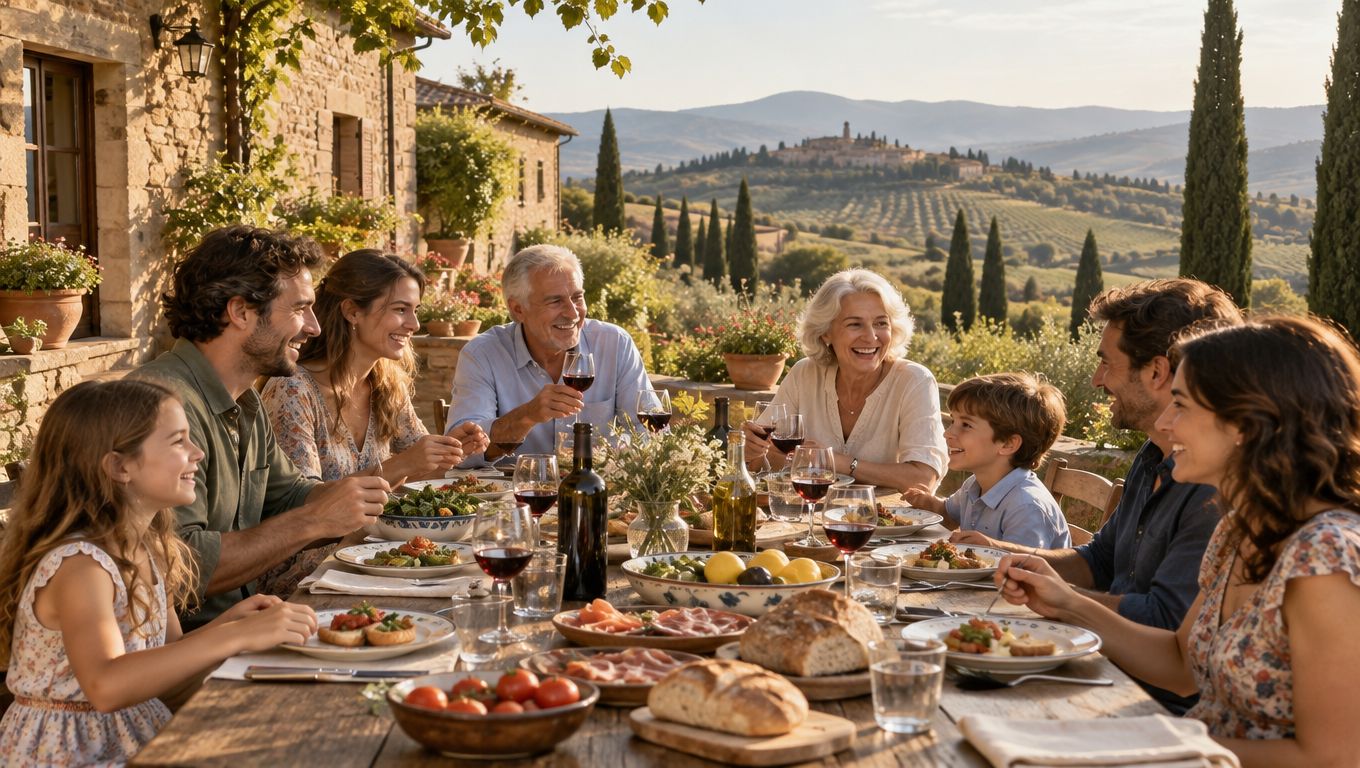 A happy multi-generational family enjoys a sunny outdoor meal with wine at a rustic Tuscan farmhouse.