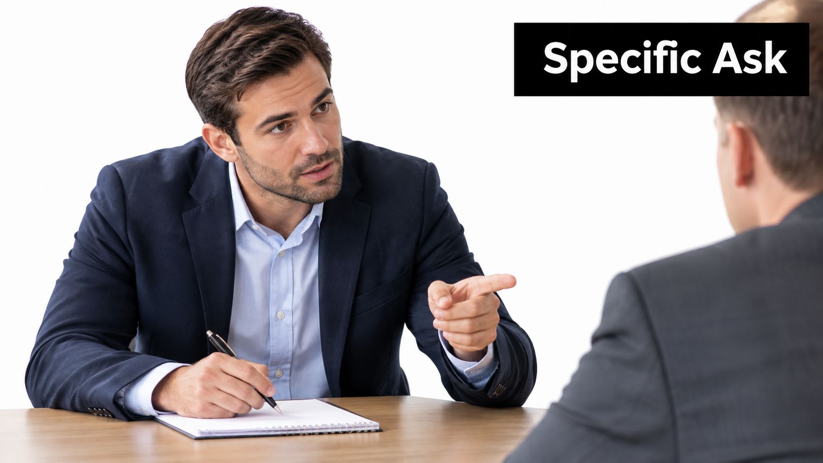 A professional man in a business suit points his finger while interviewing a colleague across the desk.