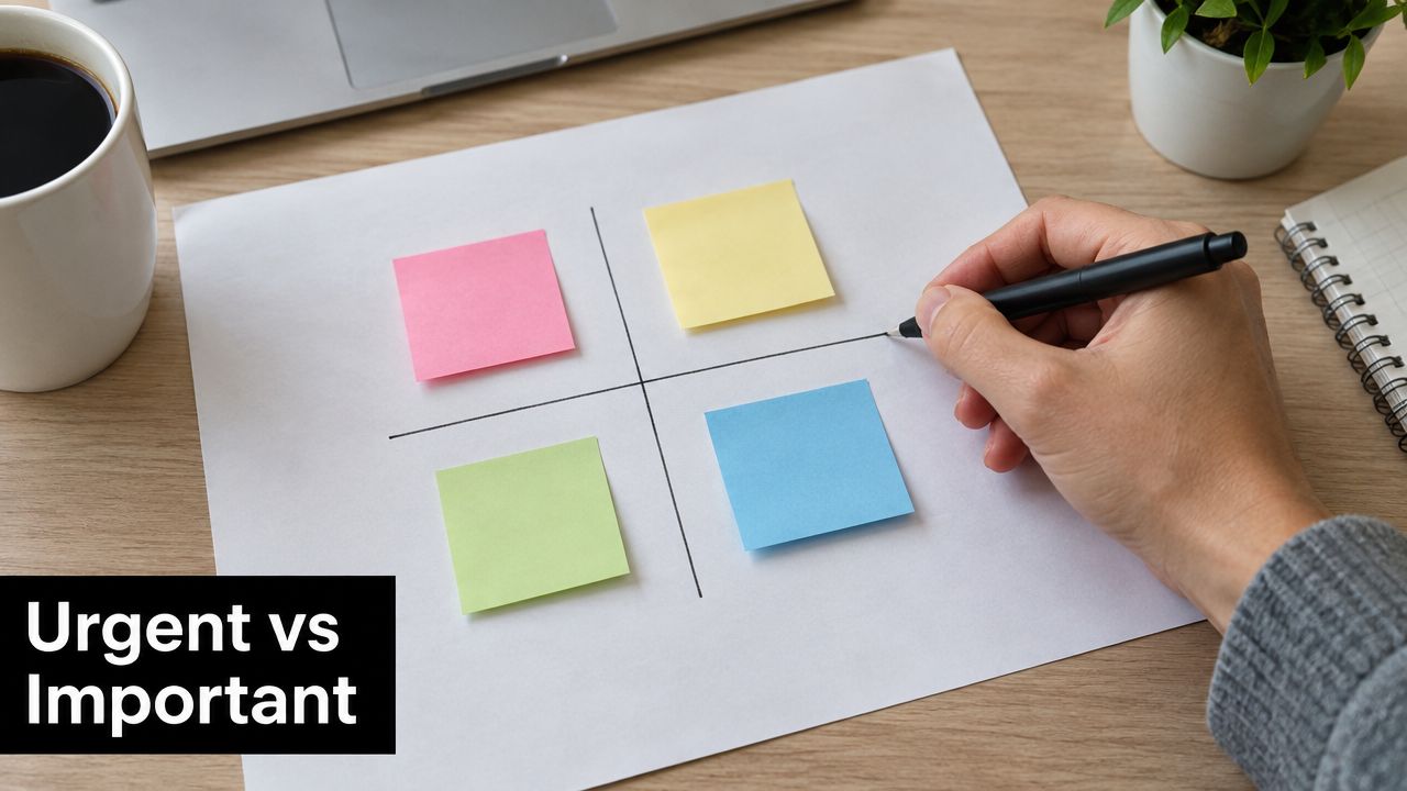 A hand drawing a quadrant grid for time management on a white sheet with sticky notes.