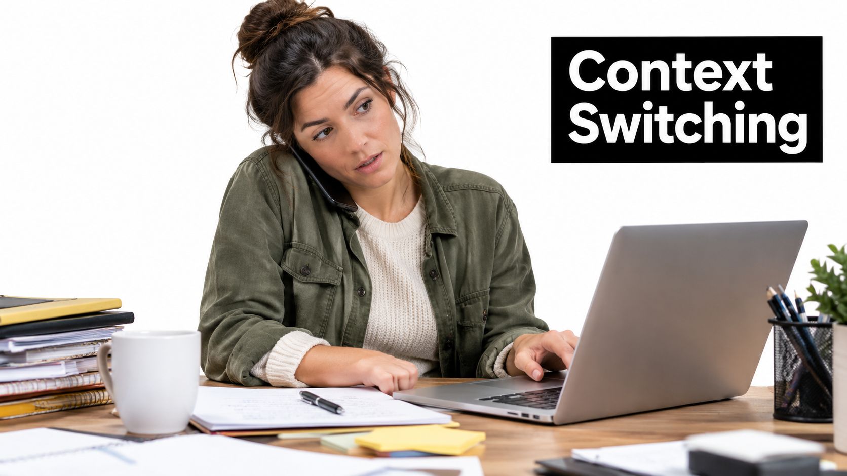 A woman working at a desk, balancing a phone call and computer work to represent context switching.