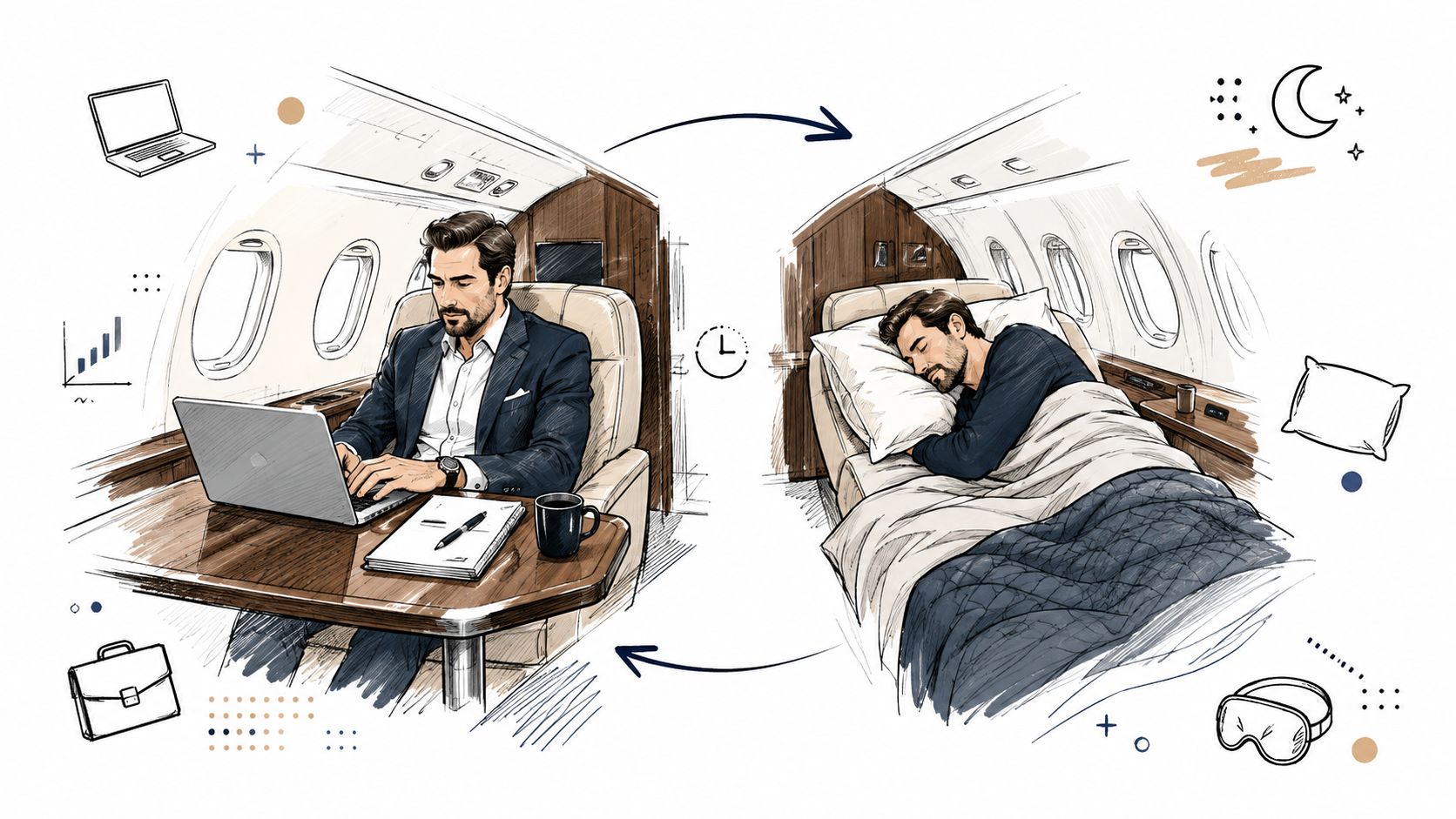 A digital illustration showing a businessman working on a laptop and then sleeping in a private jet.
