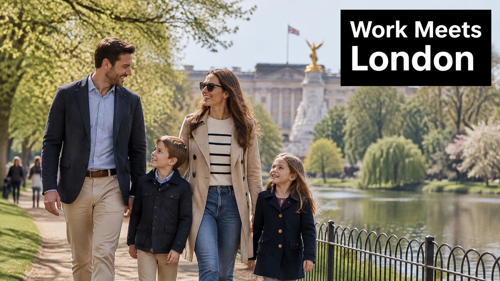 A family walking together in a sunny London park with the Victoria Memorial in the background.