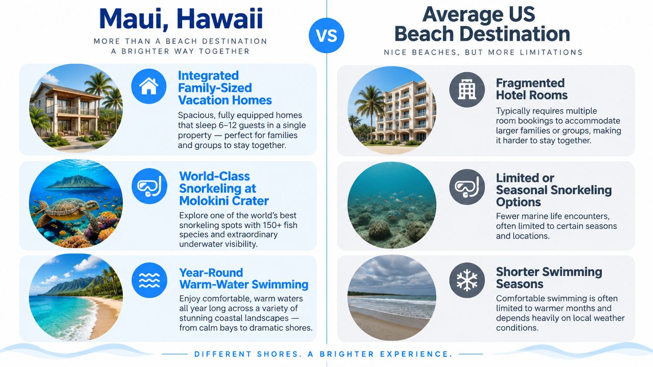 A comparison infographic between Maui Hawaii vacation benefits versus average United States beach destinations for families.