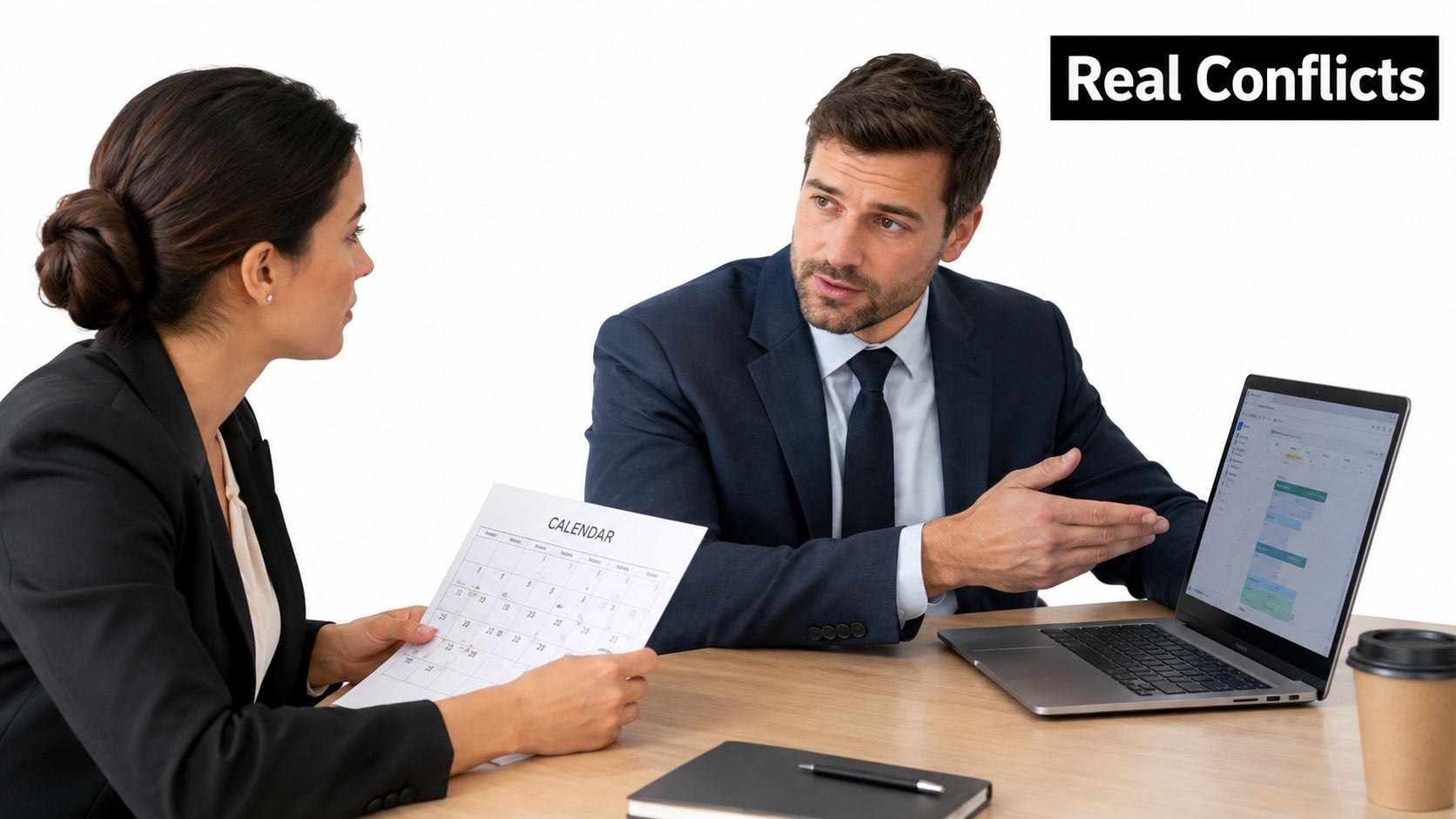A businesswoman and a businessman discussing a meeting schedule while looking at a calendar and a laptop.