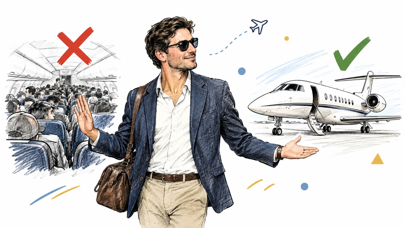 A stylish man gesturing between a crowded commercial airplane cabin and a private jet aircraft.