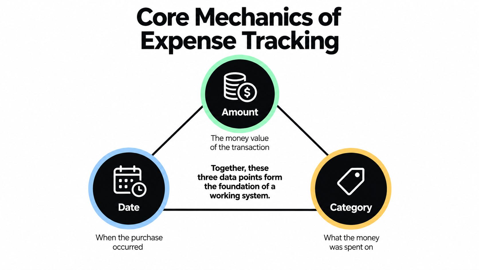 A diagram illustrating the core mechanics of expense tracking, showing Date, Amount, and Category as key data points.