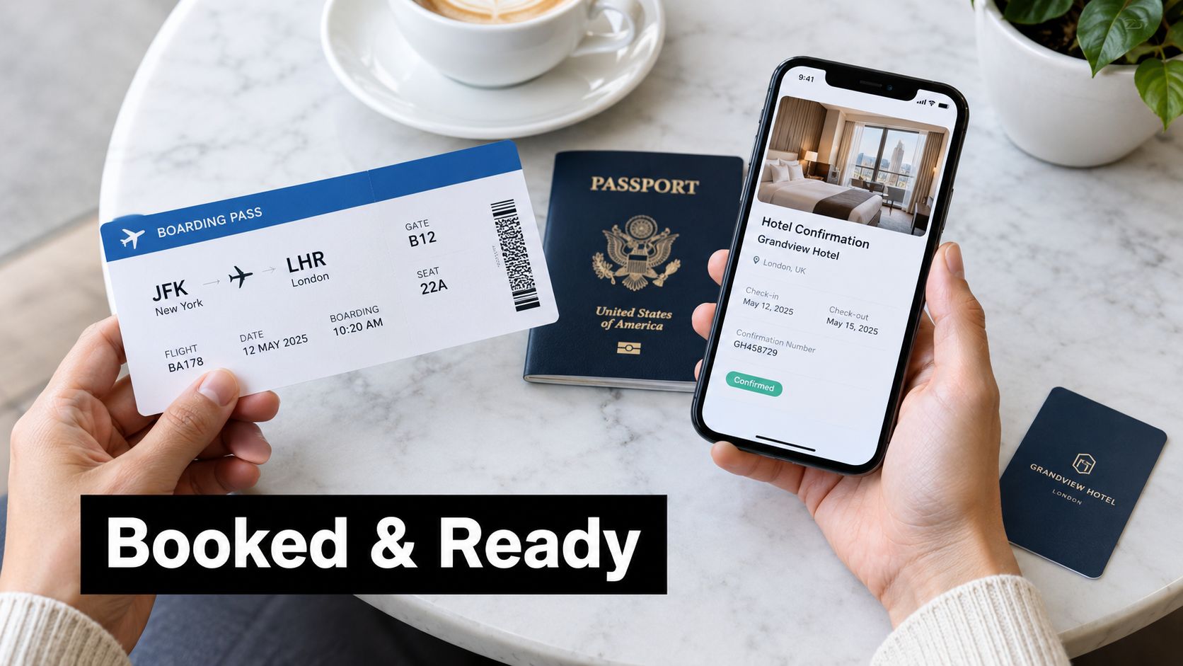 A person holds a flight boarding pass and a phone displaying hotel confirmation details for travel planning.