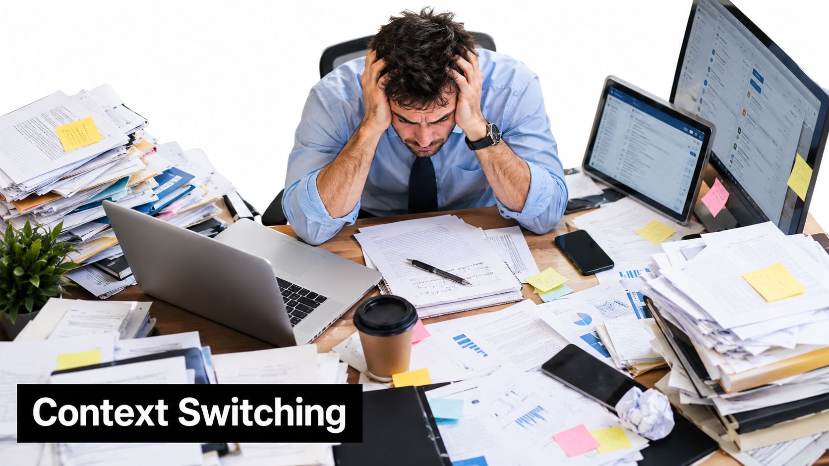 A stressed businessman sits at an office desk overwhelmed by a large pile of documents and tasks.
