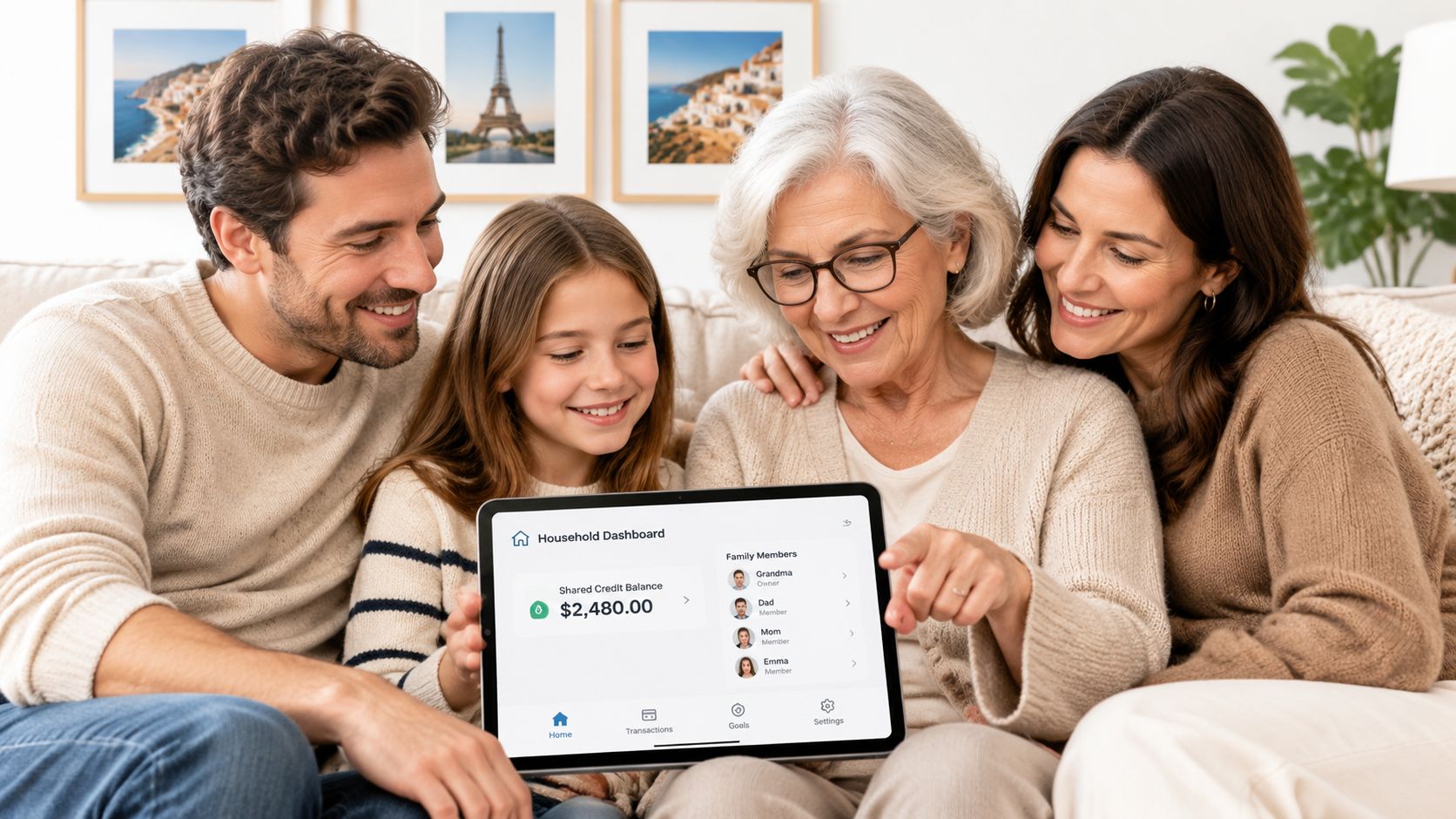 A happy family sitting on a couch while using a tablet for household financial planning together.