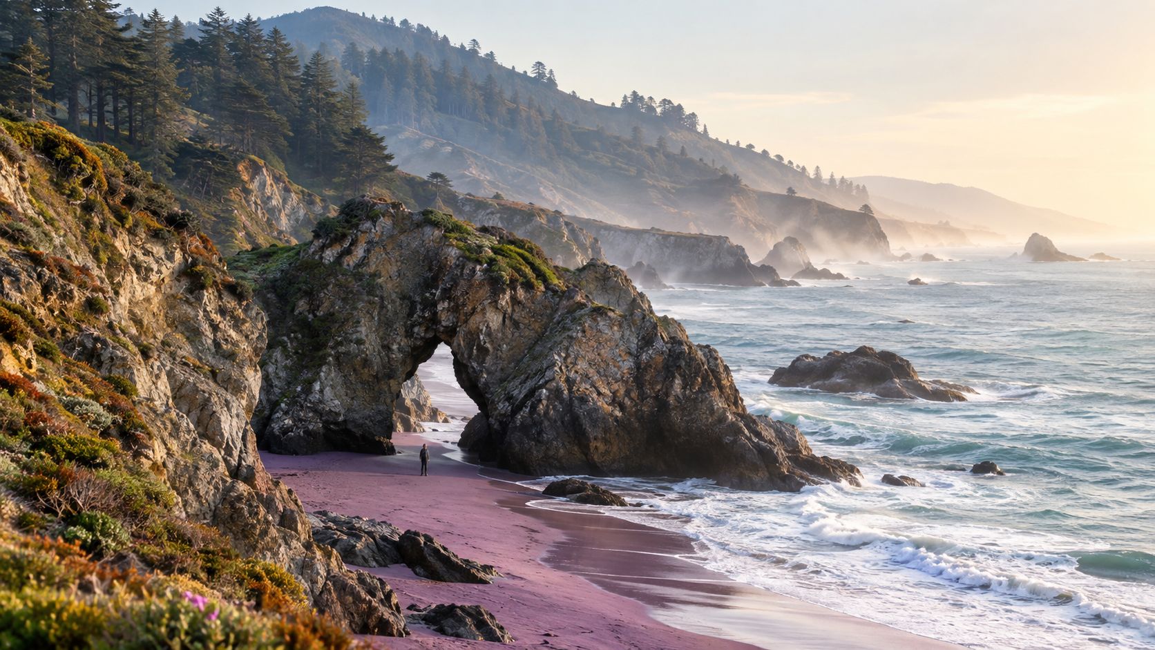 A scenic purple sand beach with a dramatic natural rock arch and mountain views at sunset.