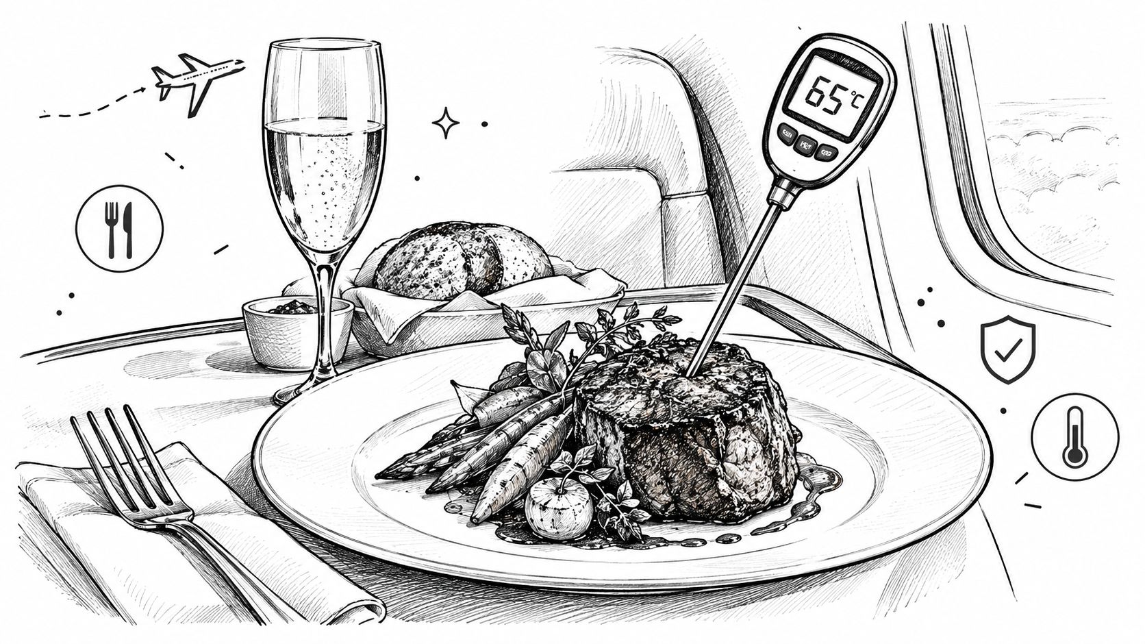 A detailed illustration of a gourmet steak dinner being served on a private jet tray table.