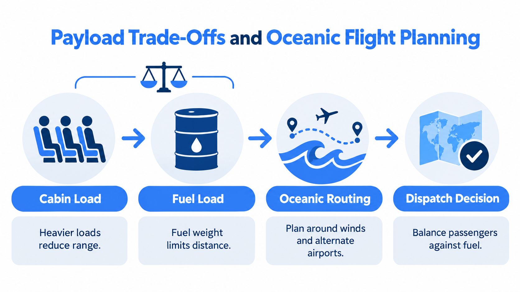 A diagram illustrating the trade-offs between cabin load, fuel load, and oceanic flight routing for aircraft dispatch decisions.