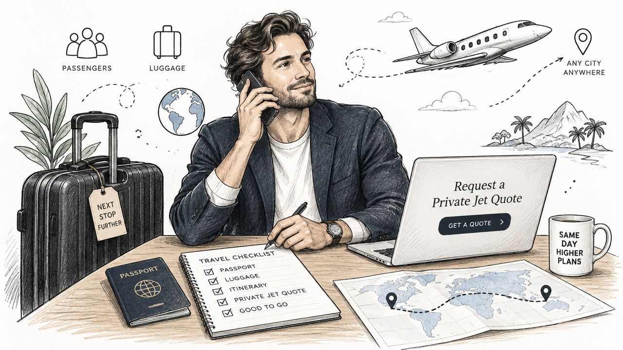A professional man booking a private jet on his phone while checking a travel checklist on desk.
