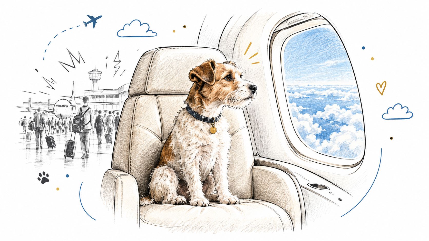 A cute dog with a collar sitting in a comfortable airplane seat looking out the window.