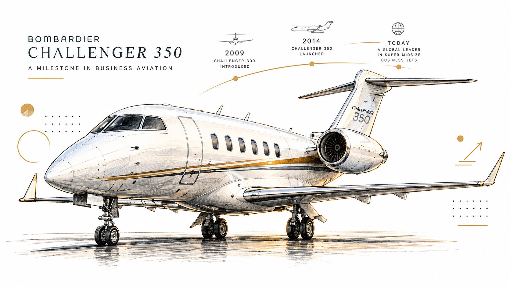 A detailed illustration of a white Bombardier Challenger 350 private business jet on an airport tarmac.