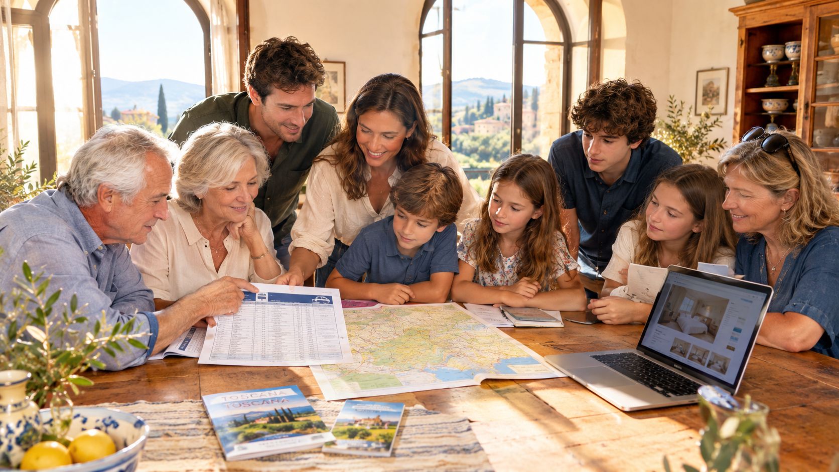 A multi-generational family gathered around a wooden table planning a trip with maps and a laptop.