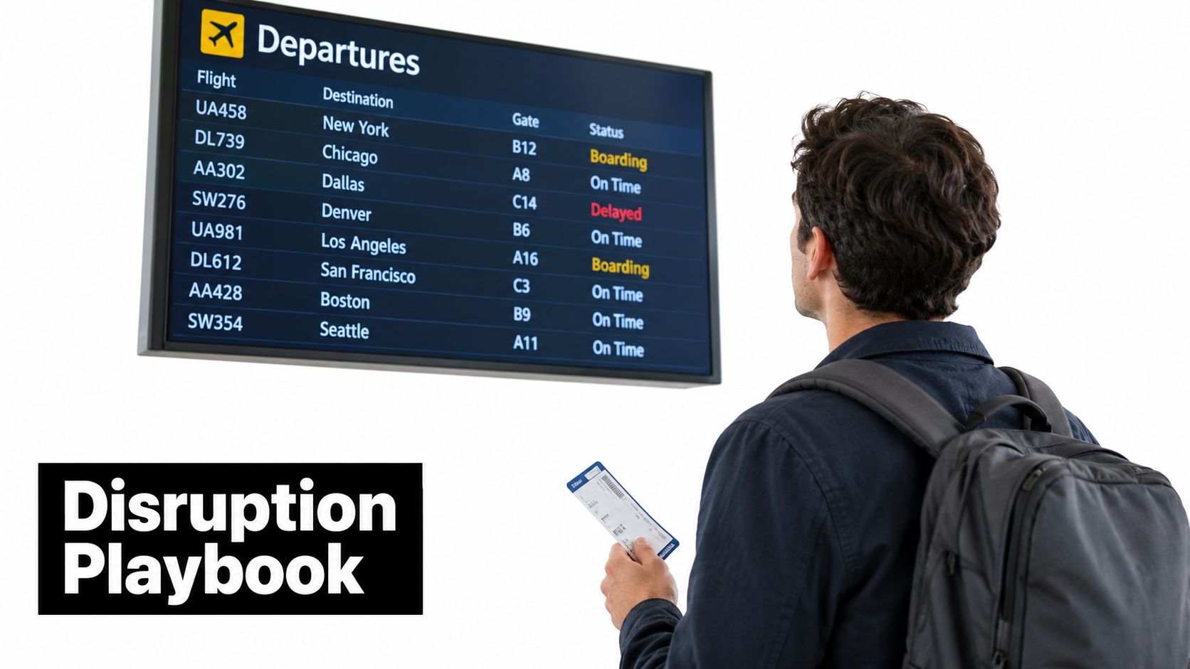 A traveler with a backpack and ticket looks at an airport departure board display showing flight statuses.