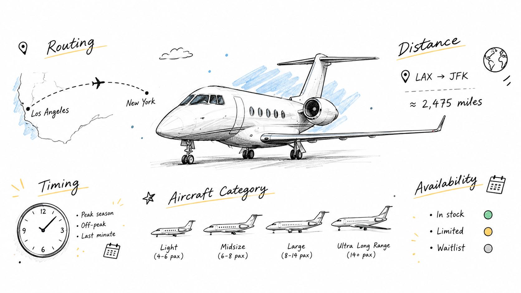 An infographic illustration comparing private jet aircraft categories, routes, flight distances, and booking availability options.