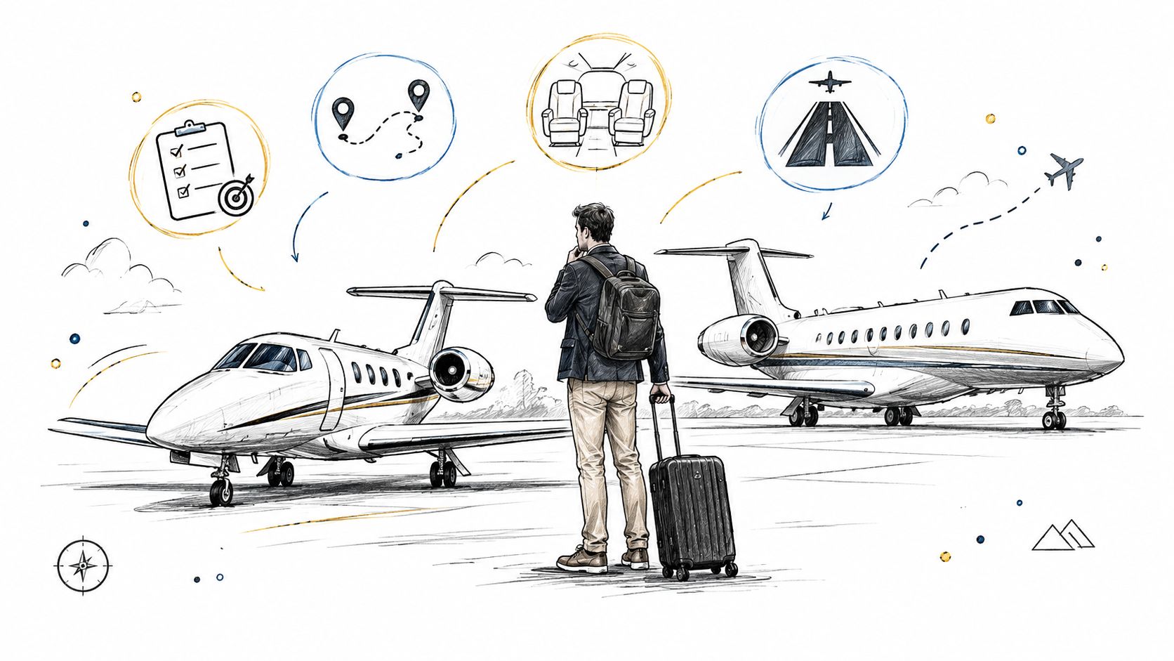 A traveler with luggage stands between two private jets with icons representing travel planning and luxury aviation.