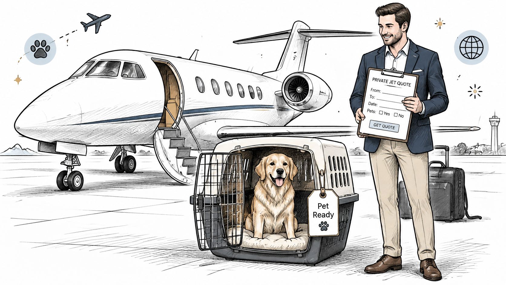A professional holding a jet quote form next to a happy golden retriever in a pet carrier.
