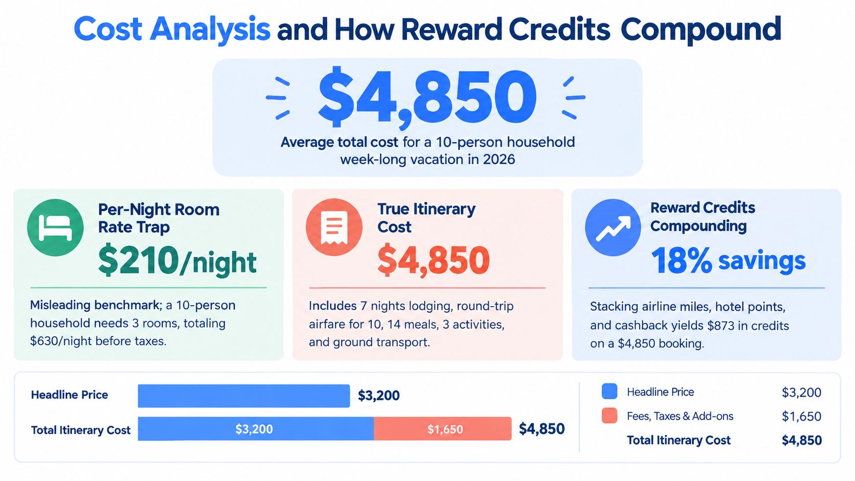 A cost analysis infographic detailing total family vacation expenses including hotel rates, itinerary costs, and reward credit savings.