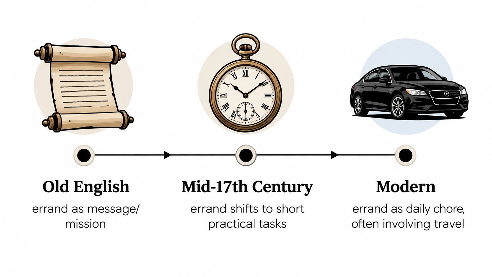 A timeline illustration showing the evolution of the word errand from Old English to modern times.