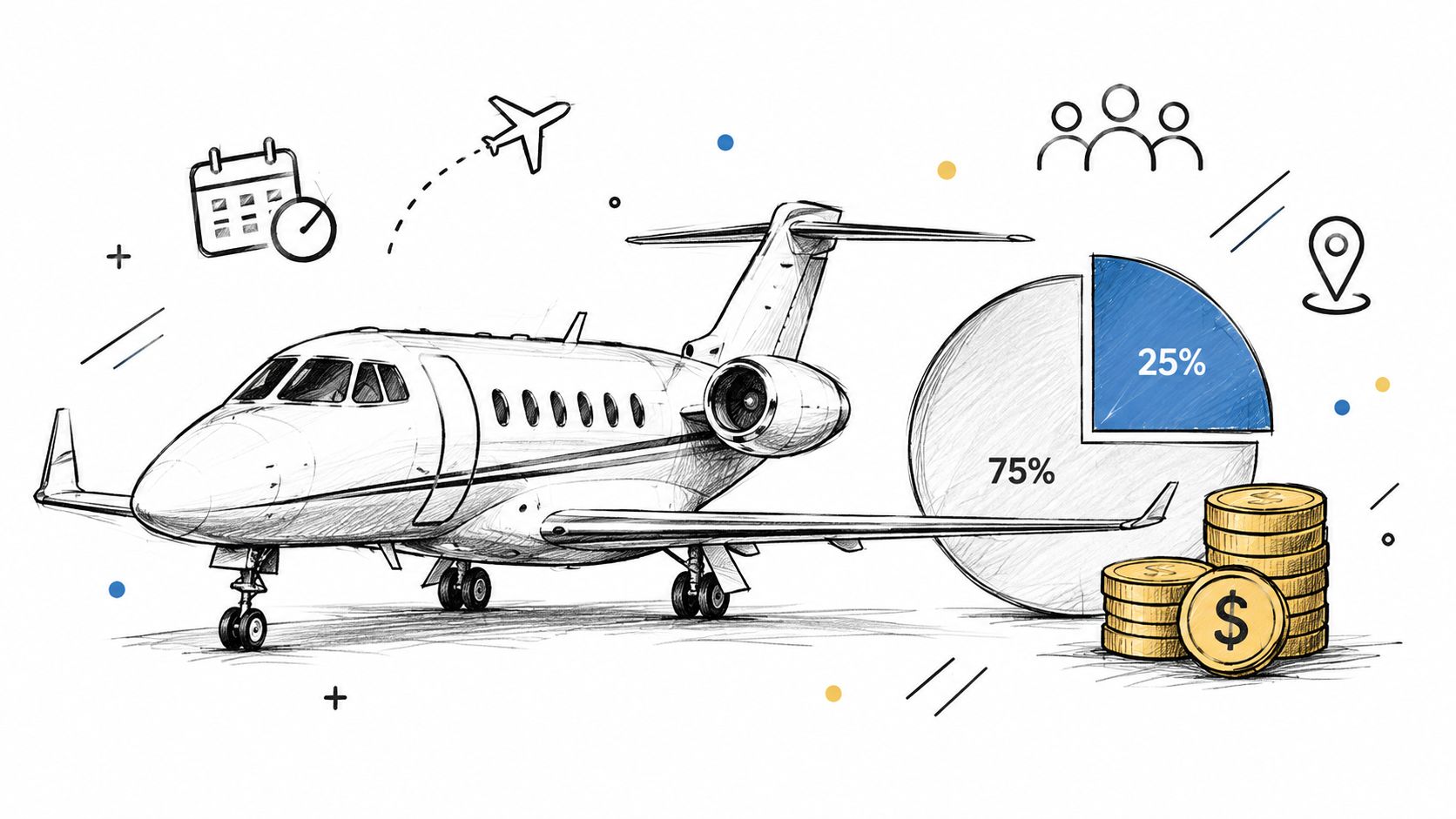 A pencil sketch of a private jet next to a pie chart and a stack of coins.