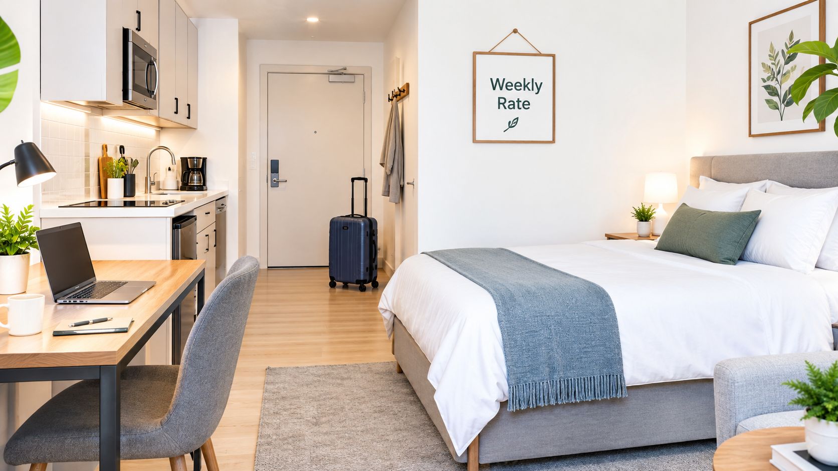 A modern studio apartment interior featuring a cozy bed, a small kitchen area, and a wooden workspace.