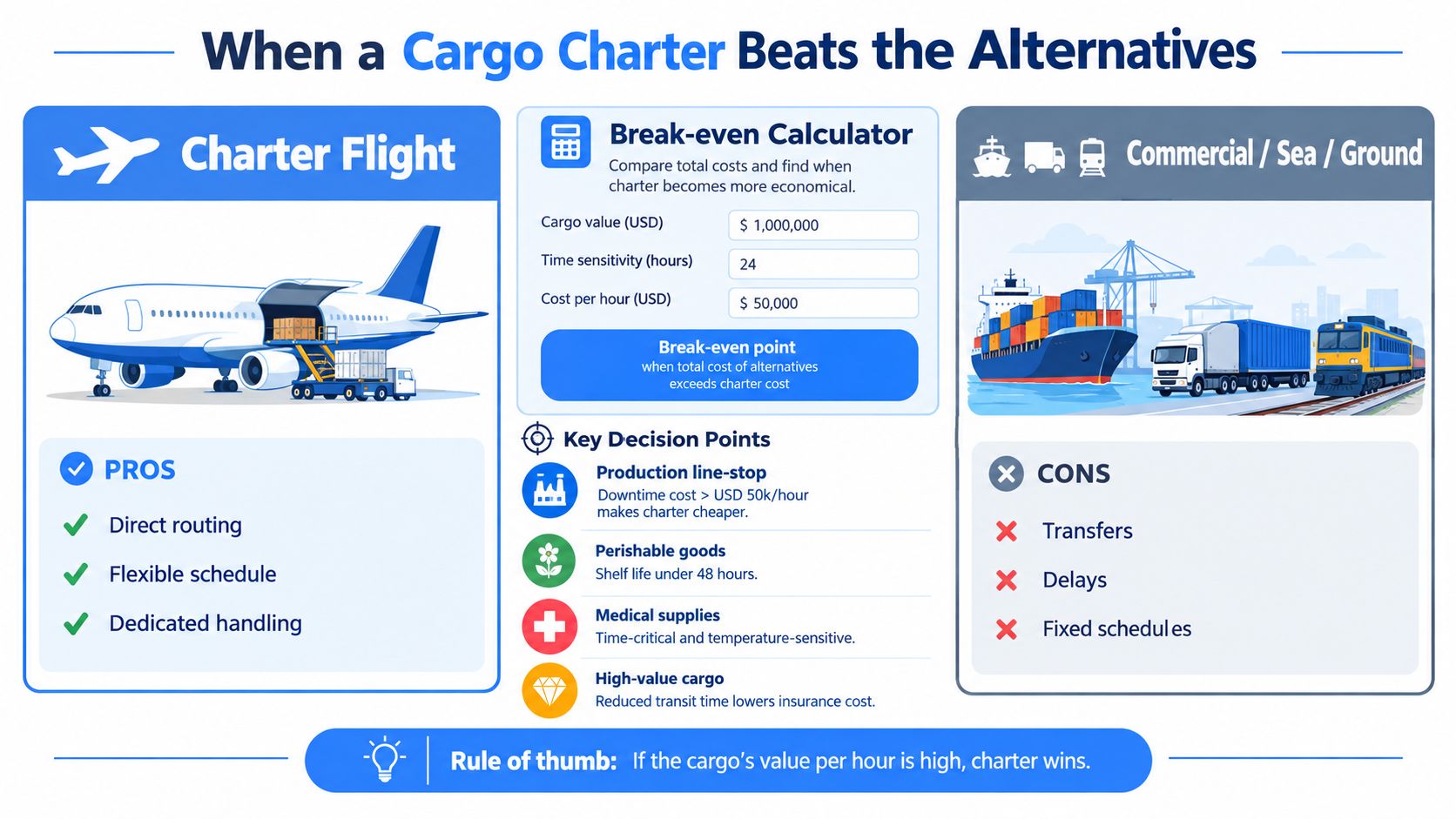 An infographic comparing cargo charter flights with commercial sea and ground shipping methods for logistics.