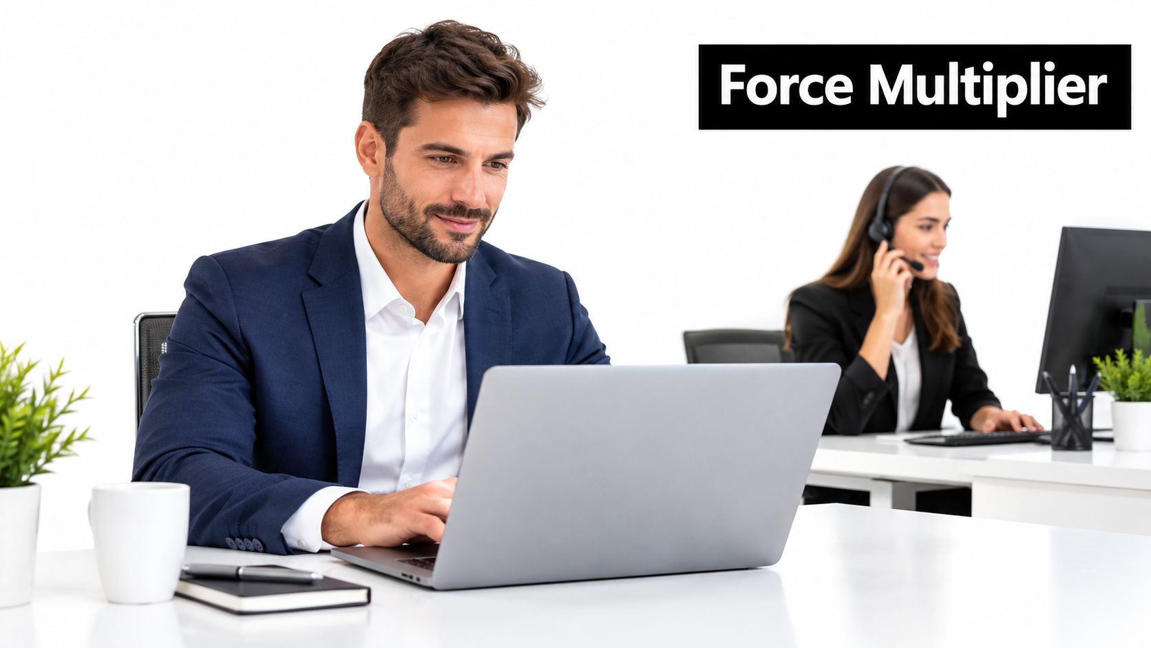 A professional man and woman working in a clean, modern, white office environment on their laptops.