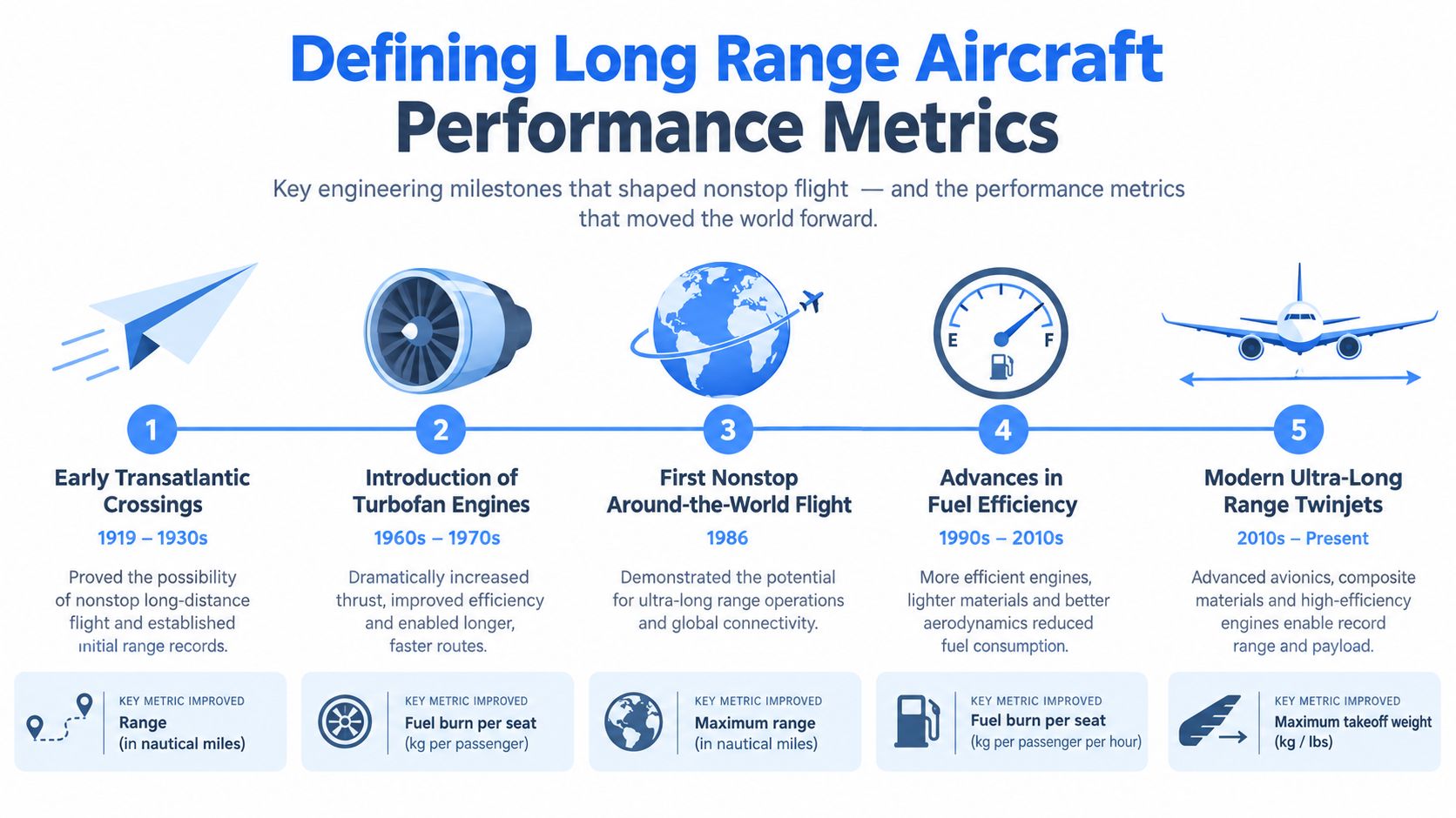 A timeline infographic illustrating key engineering milestones that defined long range aircraft performance metrics from 1919 to today.