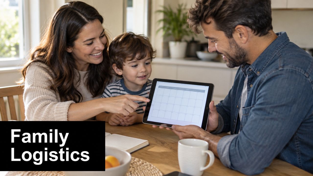 A happy family sitting at a wooden table reviewing a calendar schedule on a digital tablet together.