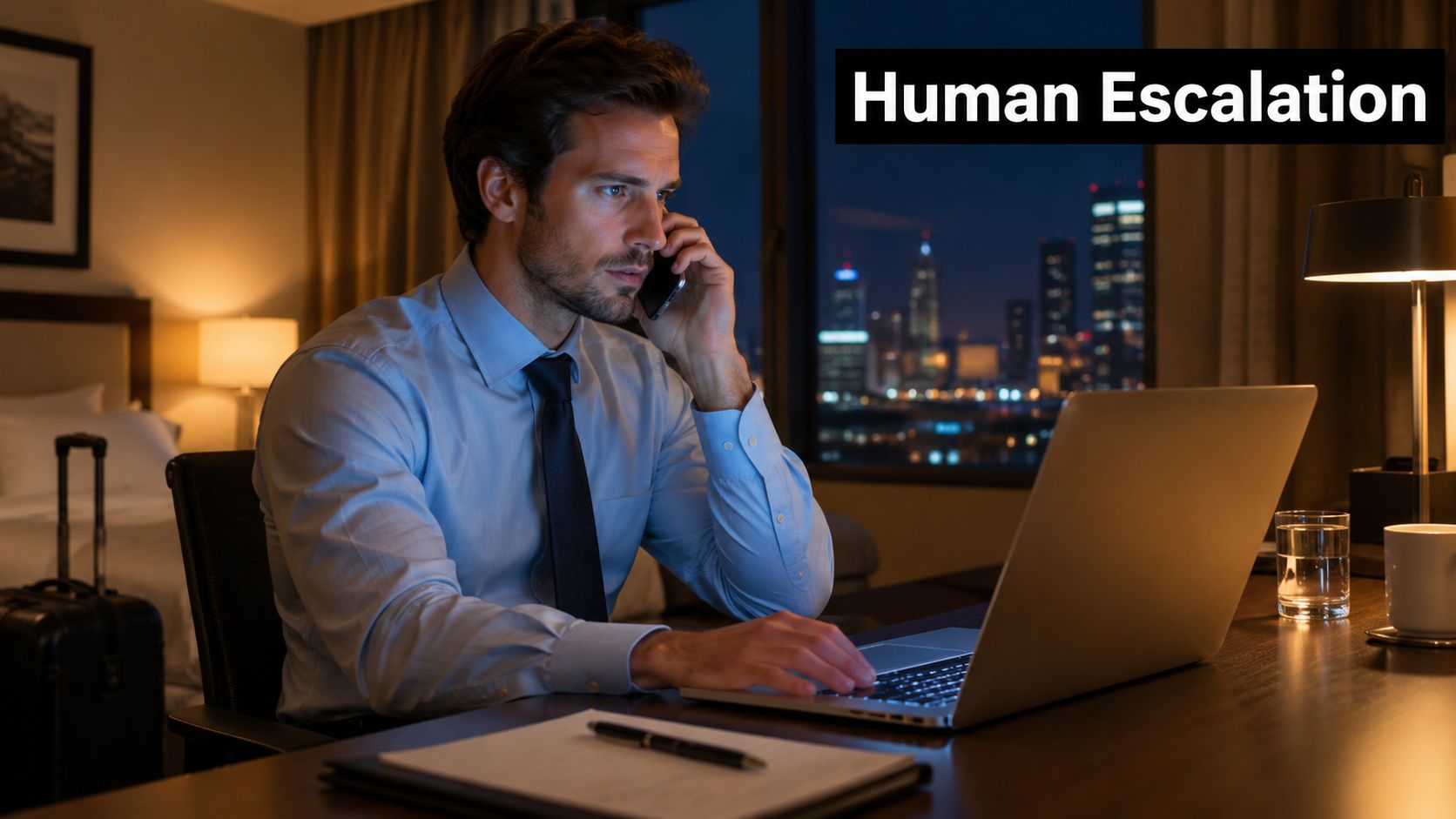 A professional man in a dress shirt working on a laptop while on a business phone call.