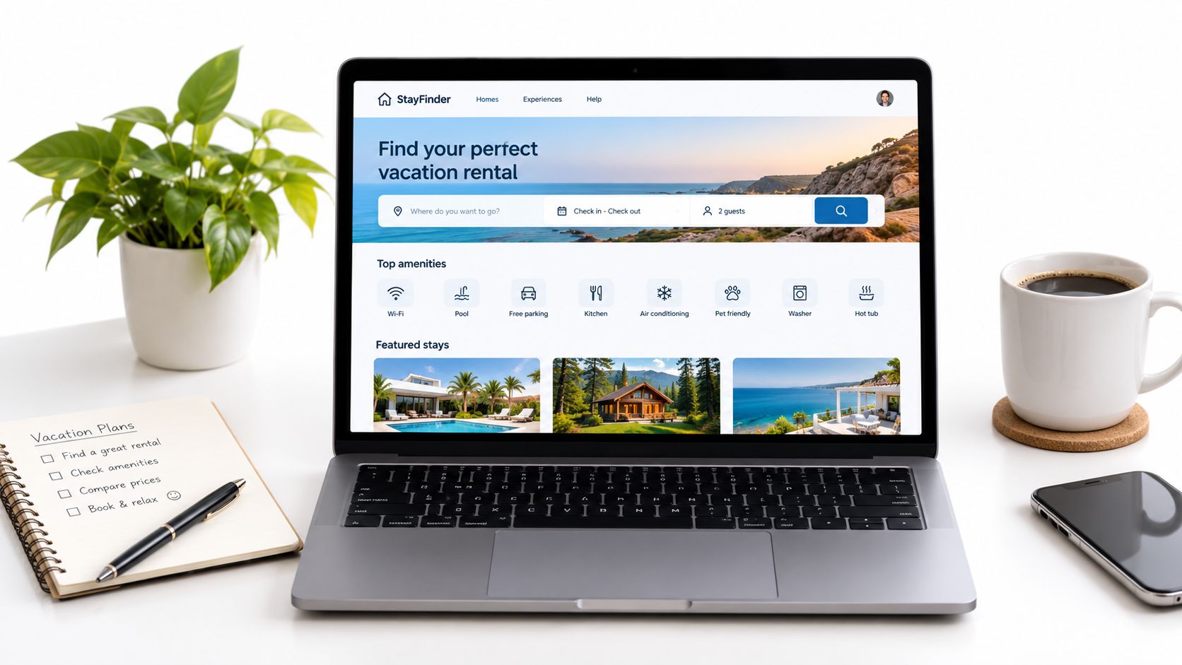 A modern laptop displaying a vacation rental website alongside a notebook, a plant, and a coffee mug.