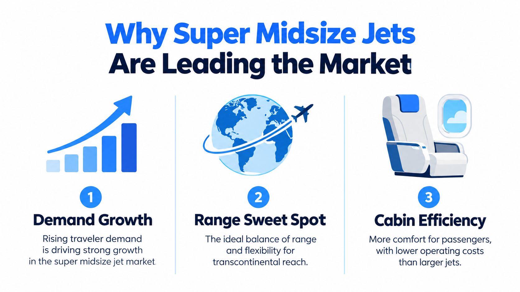 An infographic showing why super midsize jets are leading the market due to demand, range, and efficiency.
