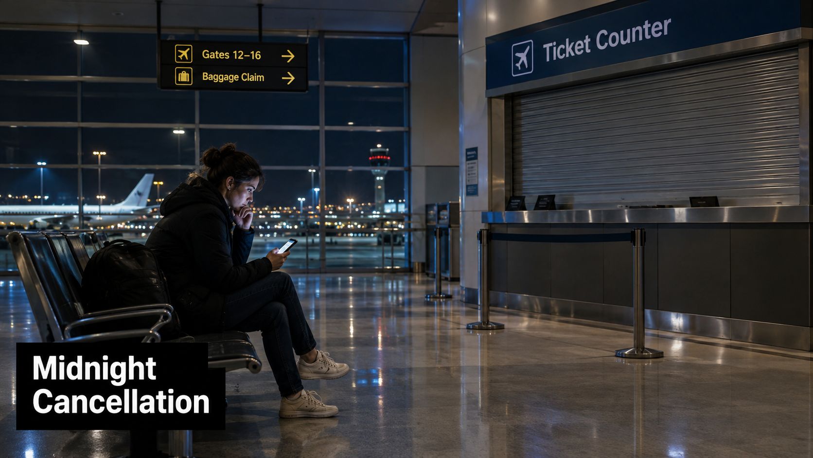 A young woman sits alone on airport chairs looking at her phone near a closed ticket counter.
