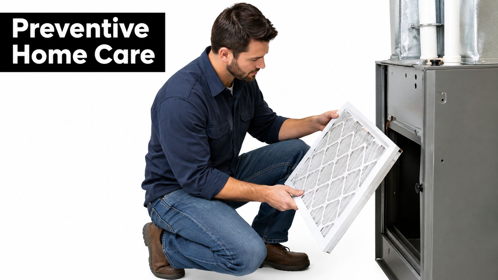A professional technician carefully replacing a clean air filter into a residential furnace system for maintenance.