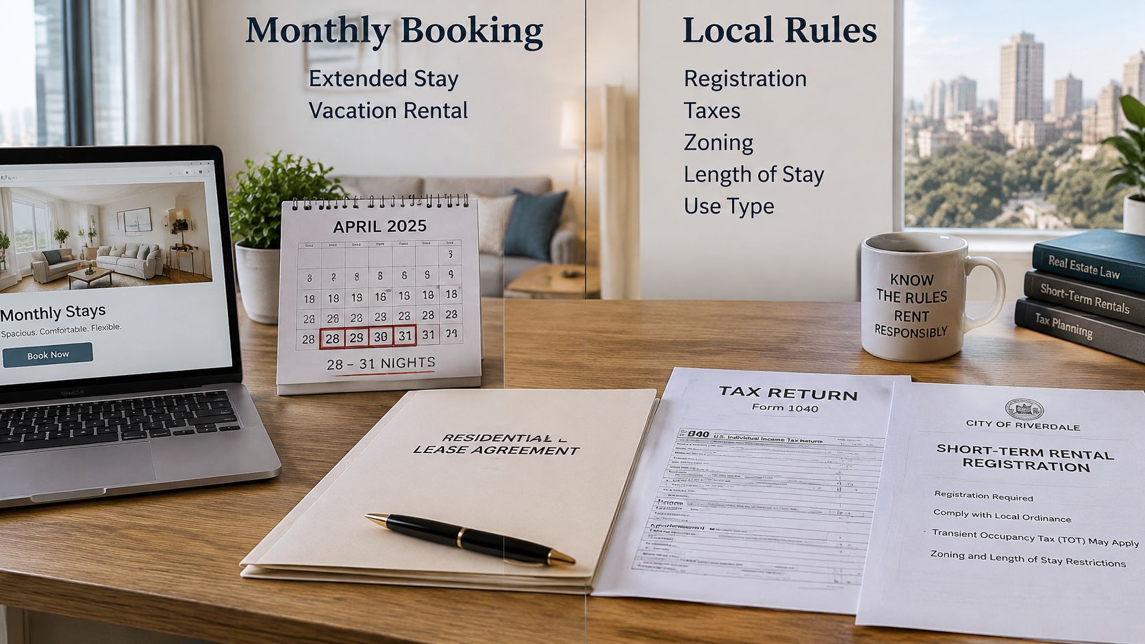 A workspace featuring a laptop, calendar, lease agreement, tax forms, and city registration documents for rental planning.
