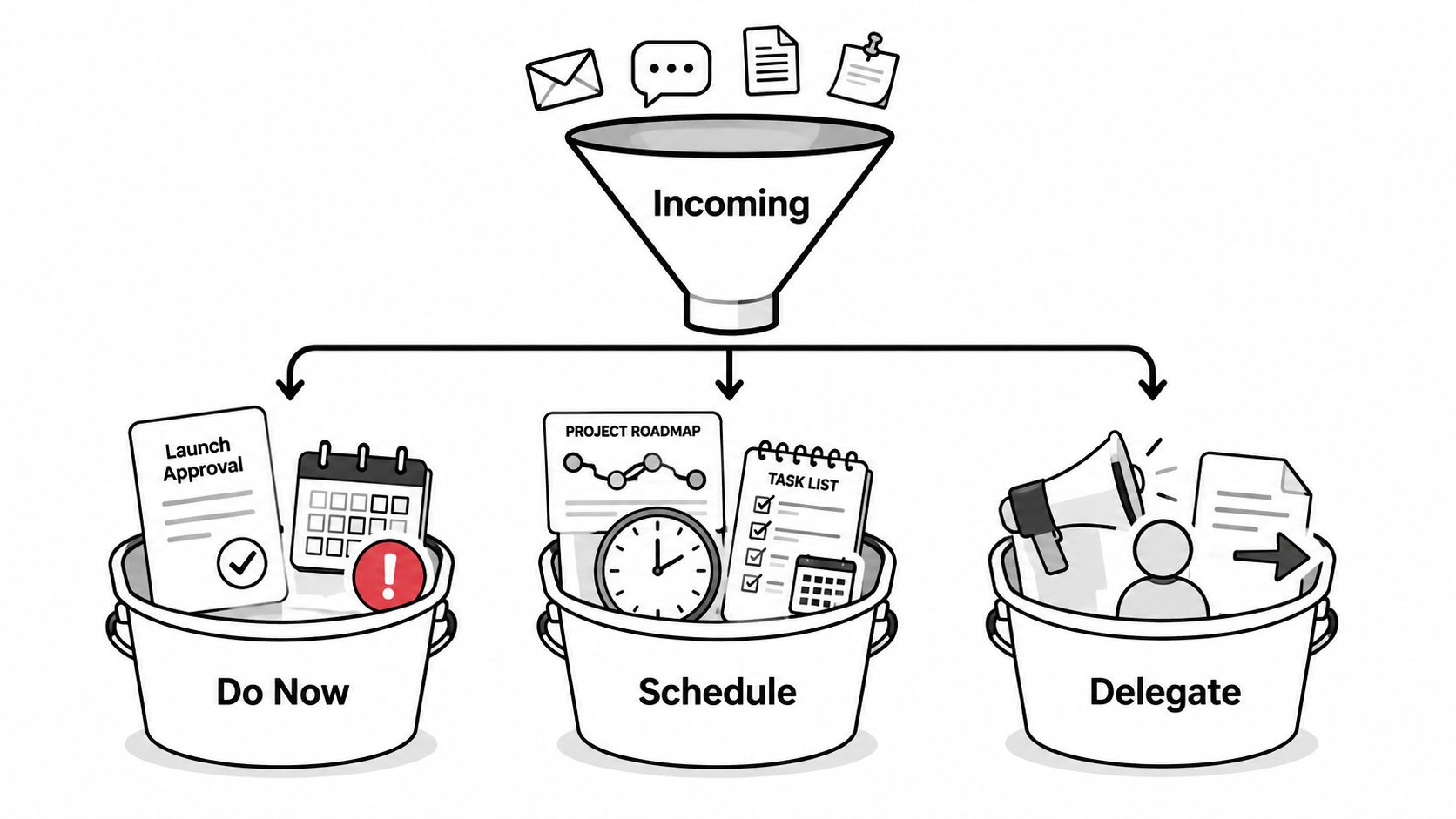 A diagram illustrating a triage workflow with incoming tasks sorted into Do Now, Schedule, and Delegate buckets.