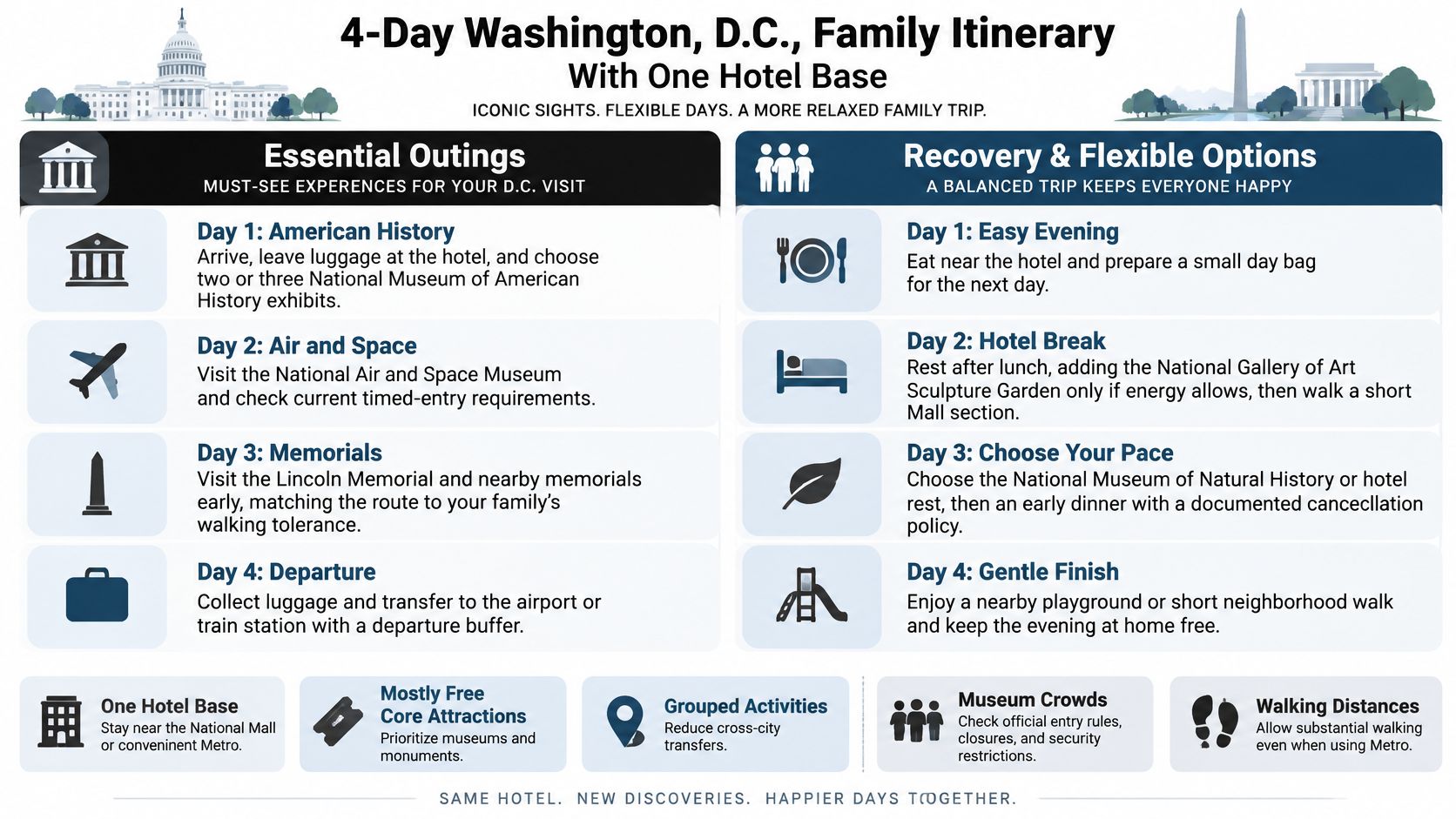 A 4-day Washington D.C. family travel itinerary featuring essential outings, recovery options, and helpful trip planning tips.