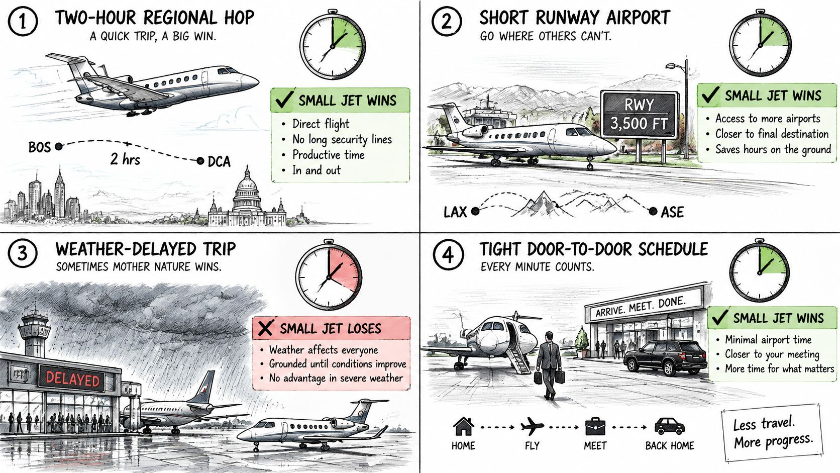 An infographic showing four scenarios explaining the benefits and limitations of using small private jets for business travel.