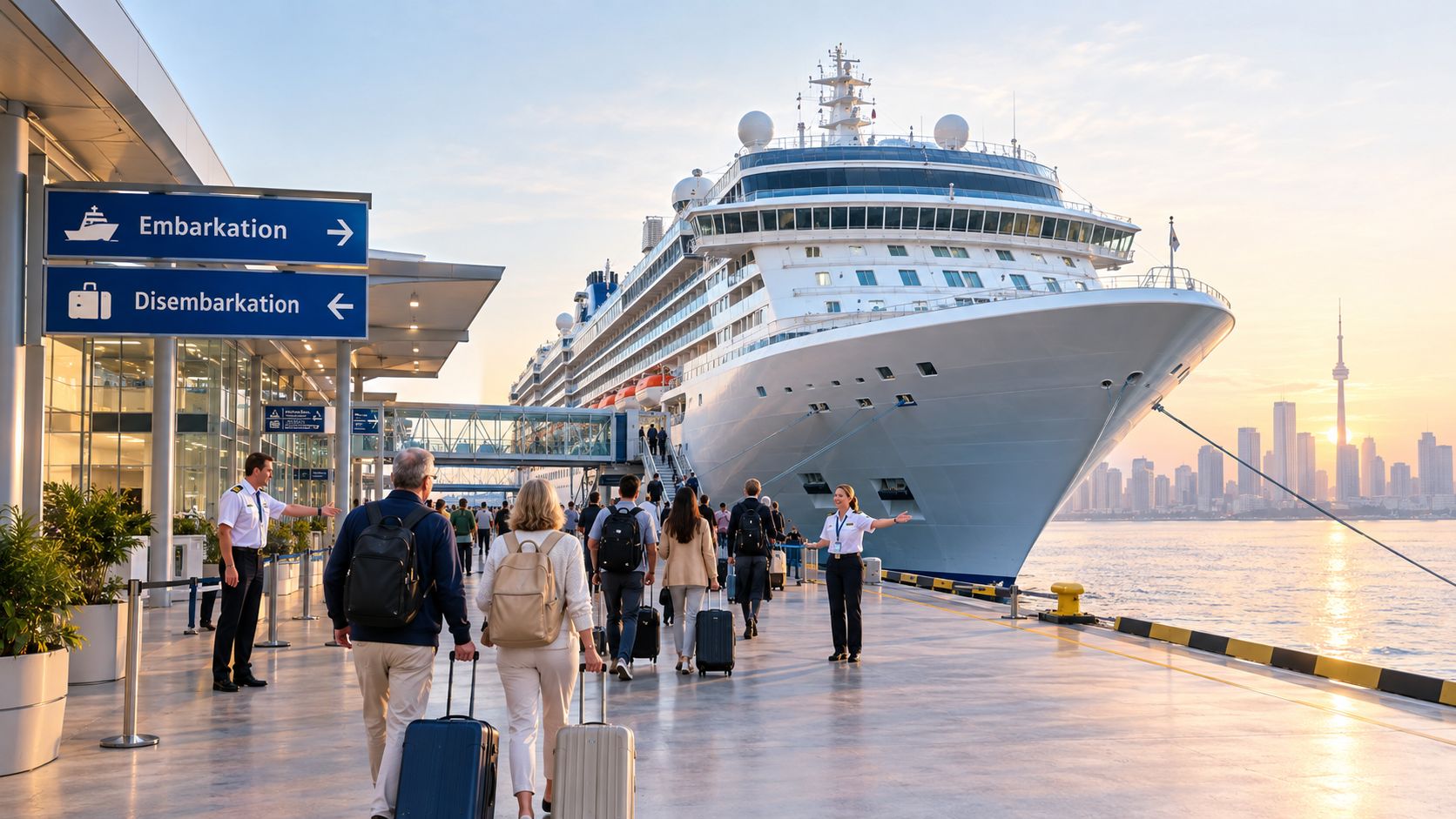 Passengers walking toward a large cruise ship at a terminal during a golden sunset near a city skyline.
