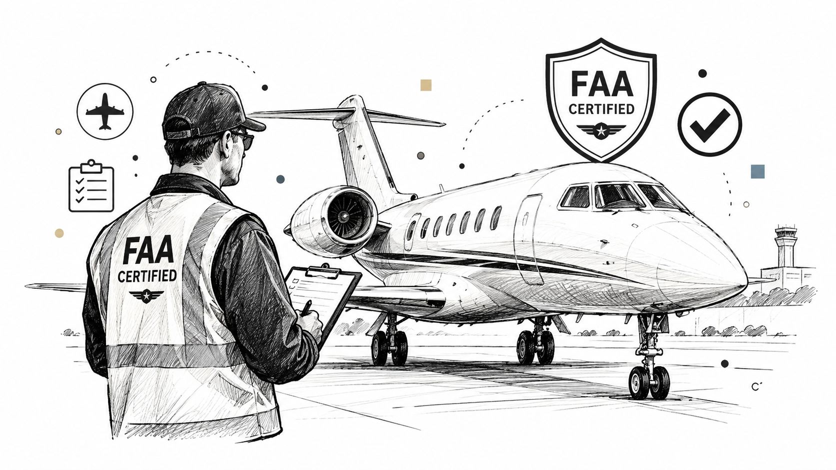An aviation inspector checks a private jet on the runway with an FAA certified inspection form.
