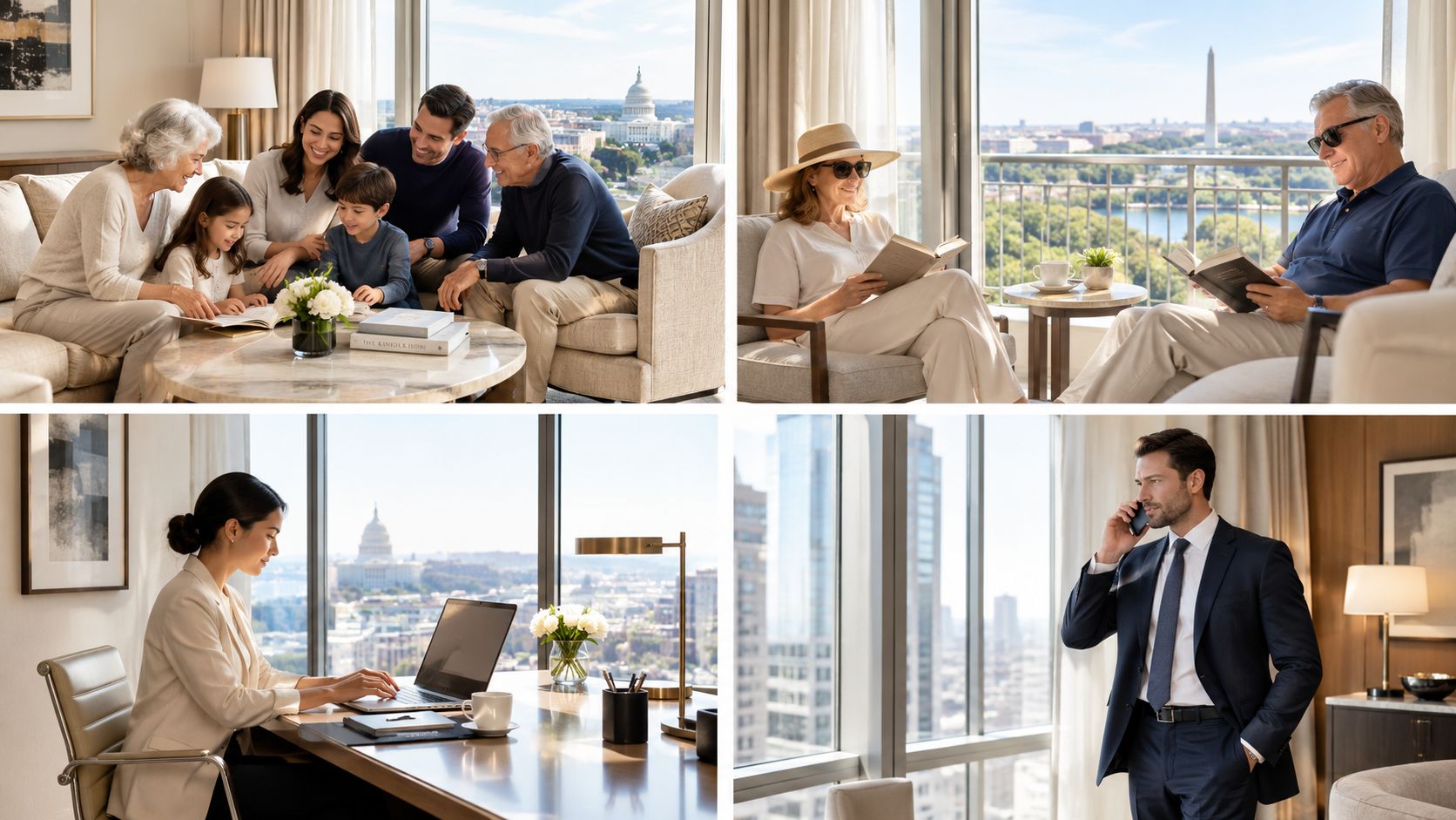A collage showcasing luxurious interiors, family moments, and business meetings at the Mandarin Oriental hotel in Washington DC.