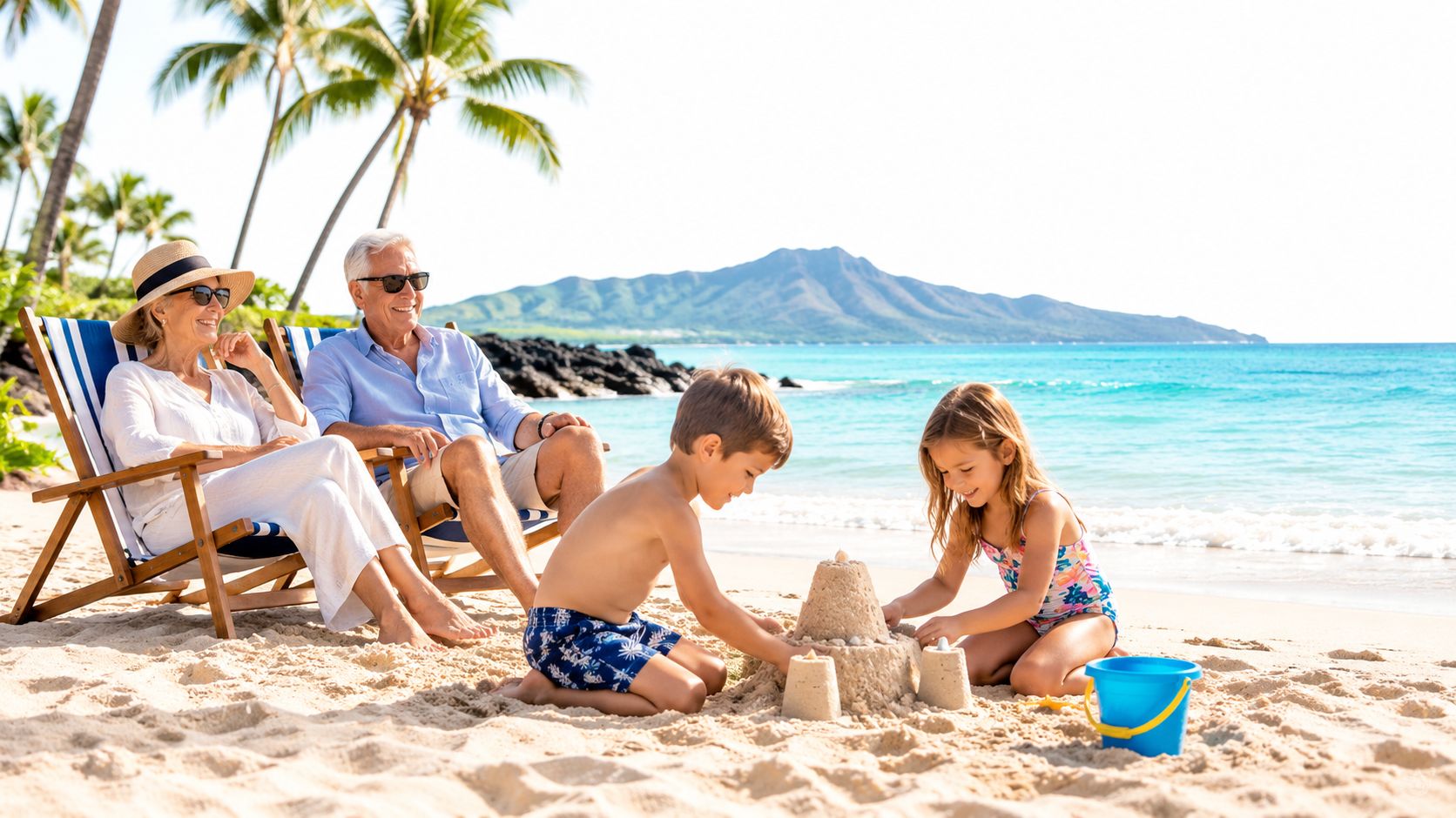 A happy senior couple watches their grandchildren play with sandcastles on a sunny tropical beach